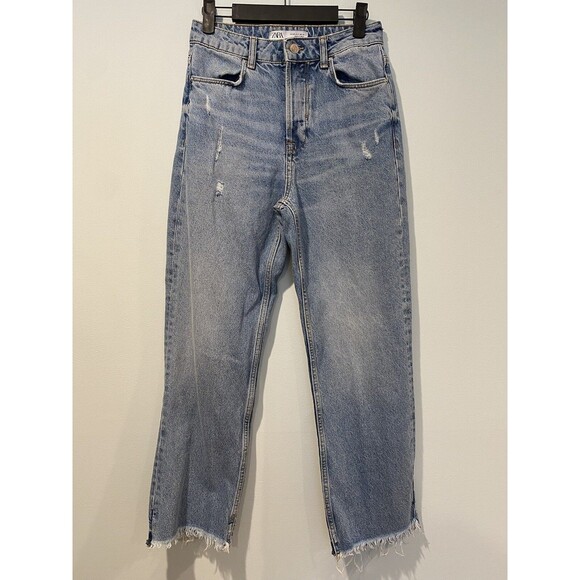 Zara Denim - Zara Jeans Women 26" Straight High Rise Raw Hem Distressed Travel Casual Norm